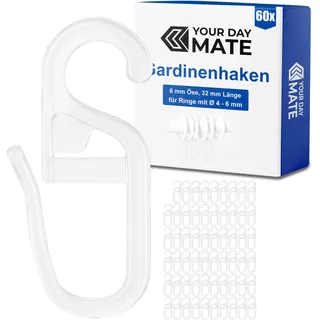 Vorhanghaken für Gardinen Ringe, 60 Stück, mit Ø 6 mm Öse, für Gardinenringe mit 4 bis 6 mm, in Transparent, Gardinenringe Haken zum Einhängen, Faltenlegehaken für Vorhangringe, Vorhang Haken Clip