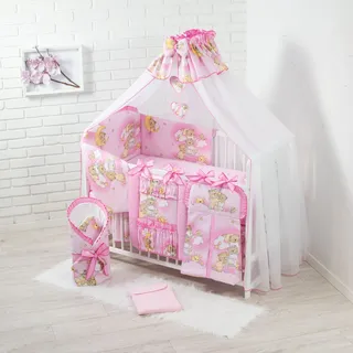 HAPPY 19 Teiliges Babybett Kinderbett und Bettwäsche komplett Set höhenverstellbar aus Massivholz für Neugeborene Babys und Kleinkinder (Rosa-Teddybär auf Leiter) - Rosa