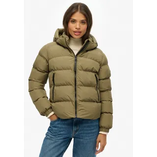Steppjacke SUPERDRY "HOODED SPORTS PUFFER JACKET", Damen, Gr. XL, grün (khaki), Steppware, Obermaterial: 100% Polyester, unifarben, relaxed fit normal, Jacken Steppjacke, Kunstfaser, relaxed fit