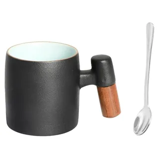 Espressotassen Set Keramik Schwarz Hellblau 70ml mit Holzgriff und Löffel