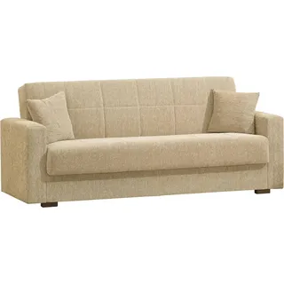 Schlafsofa Dlunett, Lineares 3-Sitzer-Container-Schlafsofa, Wohnzimmersofa aus gepolstertem Stoff mit Klick-Klack-Öffnung, 212x80h87 cm, Blau - Beige