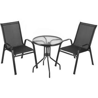 Clevich 3-TLG. Balkonmöbel Set, 2pcs Stapelbare Hochlehner Gartenstühle aus Textilene & Tisch Rund mit Sicherheitsglas, Wetterfest Gartenmöbel Set, Bistroset Kleiner für Balkon Terrasse Pool Schwarz