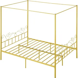 Queen-Size-Himmelbettgestell, Metall-Himmelbett mit minimalistischem Kopfteil und vier Pfosten, strapazierfähige Stahl-Lattenrostunterstützung, Stauraum unter dem Bett, keine Boxspring erforderlich, einfache Montage, goldfarben - Gold