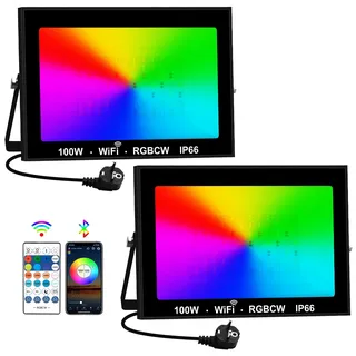 RGB LED Strahler Außen, T-SUNUS 100W RGB Strahler Outdoor WiFi mit Bluetooth APP Steuerung IP66 Wasserdicht, Smart LED Strahler Fluter für Party Bar Halloween Weihnachten Deko