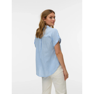 Kurzarmbluse VERO MODA "VMTHILDE SS SHIRT WVN NOOS", Damen, Gr. S, allure checks:snow weiß, Web, Obermaterial: 100% Baumwolle, unifarben, normal, V-Ausschnitt, Blusen Kurzarmbluse, Baumwolle, Kurzarm mit Riegel, hinten etwas länger als vorn