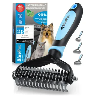 BluePet Hundebürste Unterwolle langhaar & Katzenbürste langhaar I Unterwollkamm entfernt Unterwolle & Verfilzungen I Deckhaarschutz & Knoten Entfernen I Unterfellbürste Hunde für Fellwechsel