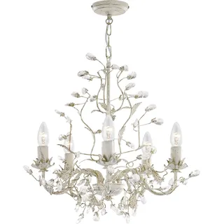 Almandite - 5-flammige Deckenleuchte, Creme Goldenes Finish mit Blätter Verkleidung Und Klaren Dekorativen Kristallen