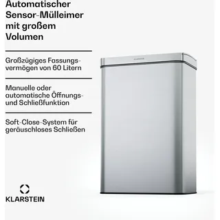 Klarstein 60 L Edelstahl-Sensormülleimer mit Softclose-Deckel, LED-Bedienfeld, berührungslos - zweifach unterteilter Abfalleimer für die Küche, Küchenmülleimer, Mülleimer mit 2 Fächern - Silber
