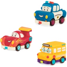 B. toys Weiche Spielzeug Autos zum Zurückziehen und Loslassen – Polizeiauto, Rennauto, Schulbus – Motorikspielzeug für Kinder ab 1 Jahr (3 Stück)