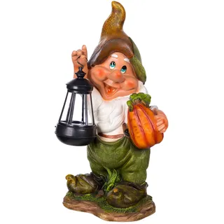 Birendy Figur Zwerg Gartenzwerg Gartenwichtel mit LED Solarlampe NF11021-1D Groß Deko Zwerg, Gartendekoration Gartenfigur 38cm