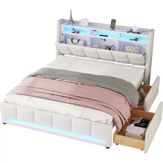 SOFTWEARY Stauraumbett mit LED-Beleuchtung, USB-Anschlüssen und Schubladen, 140x200 cm, Bezug aus Leinen Beige