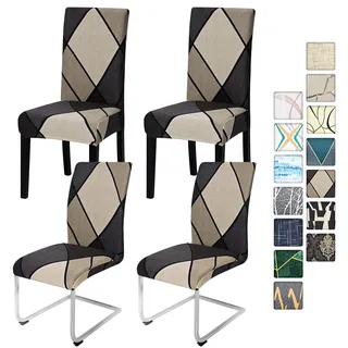 Alishomtll Stretch Stuhlbezug 4er/6er Set Stuhlhussen Schwingstuhl Elastische Stuhlhussen Abnehmbarer Waschbarer Esszimmerstühle Bezüge für Restaurant Hotel Bankett (Braun Geometrie, 4 Stück)