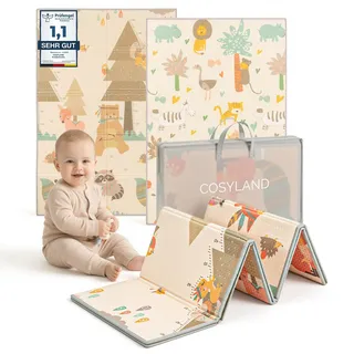 COSYLAND Krabbelmatte Baby Faltbar 150x180x1cm - Doppelseitige XPE Spielmatte Baby mit Schlafenden Tieren & Fuchs Bär Motiven, Weiche Babymatte Spielteppich für Kinder, Babygeschenk