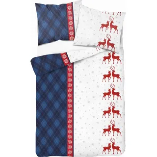 Flanell-Bettwäsche-Set 140x200 WEIHNACHTEN RENTIER Kariert Blau - Blau