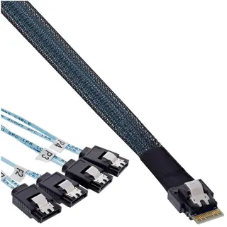 InLine Slim SAS Kabel, SFF-8654 4i zu 4x SATA 7-pin, 12Gb/s, 0,5m, interne Verbindung für SAS Controller zu SATA HDD SSD, platzsparend, 27646A