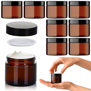 Braunglas Salbentiegel Gläschen mit Deckel (60ml x 8 Stück) - Glastiegel Creme Dosen zum Befüllen - Ideal als Kosmetik Aufbewahrung, für Cremes, Salben usw.