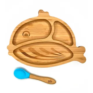Kleiner Fuchs Hochwertiges Bambus Teller mit Saugnapf, Rutschfestem Saugnapf mit passendem Baby Löffel Macht Mahlzeiten Spaß, Bambus Geschirr Set mit Geschenkbox - Essenlernen mit Fisch Design