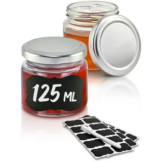 Praknu 25 Marmeladengläser Klein 125 ml mit Deckel - Einmachgläser mit Schraubdeckel, Etiketten & Stift - Luftdichte Einweckgläser - Spülmaschinenfeste Schraubgläser - Kleine Gläser mit Deckel