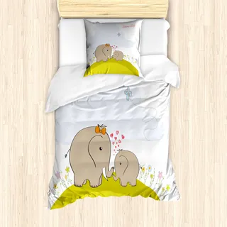 ABAKUHAUS Kindergarten Mantele, Mutter Baby-Elefant, Milbensicher Allergiker geeignet mit Kissenbezügen, 135 cm x 200 cm - 80 x 80 cm, Grün Baby Blue - Grün