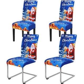 Yugarlibi Weihnachten Stretch Stuhlhussen 4er/6er Set Stuhlbezug Schwingstuhl Universal Elastische Esszimmerstühle Bezug Xmas Waschbare Stühle Schutz für Esszimmer Hotel Party (4 Stück, Blau)