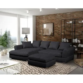 Couchgarnitur TIZIAN L-Form Wildlederoptik- Anthrazit / Links + Hocker - Grau