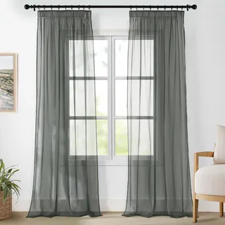 PONY DANCE Übergardinen Wohnzimmer Dunkelgraue Vorhänge Transparent 2er Set H 245 x B 140 cm Tüll Gardinen mit Kräuselband für Schienensystem Sheer Curtains for Bedroom
