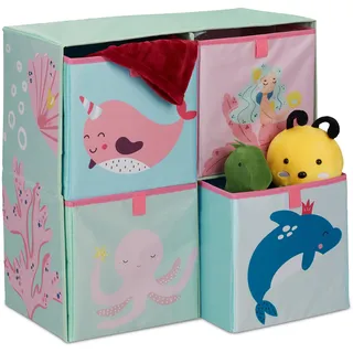 Relaxdays Kinderregal mit 4 Boxen, HBT: 59,5 x 60,5 x 30 cm, Aufbewahrungsregal fürs Kinderzimmer, Spielzeugregal, bunt