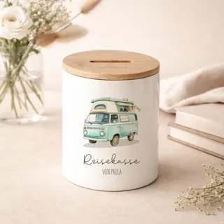 hellomini Personalisierte Spardose für Erwachsene, Geschenk zum Sparen für die nächste Reise, Sparbüchse, Geschenk zum Geburtstag für Freundin Freund, Ehemann Ehefrau (Reisekasse Bulli)