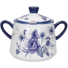 London Pottery Blue Rose Zuckerschale mit Deckel, Keramik, Mandel-Elfenbeinweiß/Blau, 13 x 8 x 10 cm