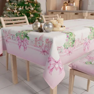 Petti - Weihnachtstischdecke Tischdecke 140 x 360 cm, rechteckig, schmutzabweisend & fleckenabweisend, Pflegeleichte Mikrofaser mit Motiv Rosa Wichtel, ideal für Advent & Weihnachten