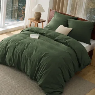 BEDSURE Bettwäsche 155x220 Baumwolle 3teilig - Bettwäsche-Sets Olivengrün Bettbezug mit 2 Kissenbezüge 80x80 cm, Ähnliche Textur wie Washed Leinen, Oeko-TEX Bedding Olivengrün mit Reißverschluss