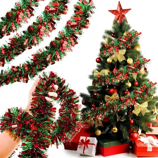 Weihnachtsgirlande Girlande Lametta Weihnachten Dekoration Weihnachtsbaum 10M Weihnachtsgirlanden 5 Stück Gerlande Weinachten Grün und Rot Weihnachtsbaumgirlande für Treppen Kamin (Grün und Rot)