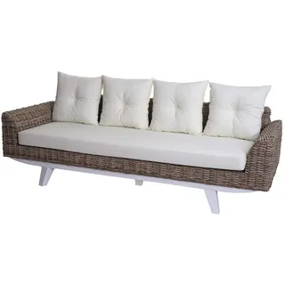 Mendler Sofa HWC-M32, 4-Sitzer Couch Rattansofa Loungesofa mit Kissen, 209cm Kubu Rattan natur Stoff/Textil Polster creme