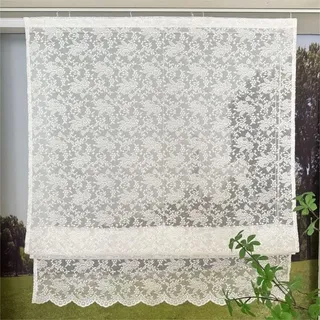 Vordesack Jacquard Raffrollo mit Blumen Muster Landhausstil weiße Spitzenoptik mit gebogten Abschluss Raffgardine mit Klettband 1 Stück HxB 140x90cm