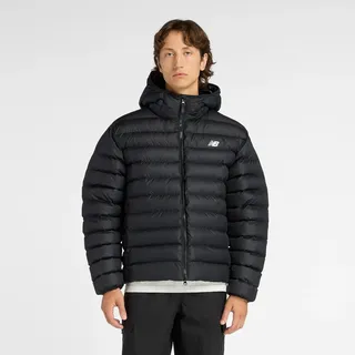 Steppjacke NEW BALANCE "Hooded Puffer Jacket BLACK", Herren, Gr. L, schwarz, Obermaterial: 100% Polyester, Jacken Steppjacke, Warm gefütterte Übergangsjacke und Winterjacke