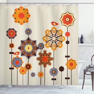 ABAKUHAUS Blumen Duschvorhang, Eastern Floral Design, Stoffliches Gewebe Badezimmerdekorationsset mit Haken, 175 x 180 cm, Beige orange Blaugrau