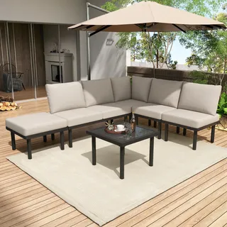 Merax Gartenlounge-Set für 6 Personen, Gartenmöbelset mit verzinktem Eisenrahmen, 6-tlg. Gartenmöbel Set Seil Rope Lounge Balkonmöbel mit Tisch, Beige - Beige