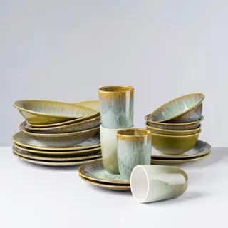 Gipfelstück Kombiservice , Braun, Grün , Keramik , 16-teilig , 350 ml , Grüner Punkt, Made in Europe , Geschirr, Geschirrsets, Kombiservice