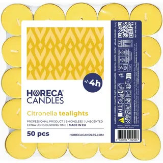 Horeca Candles - Citronella Teelichter - Set mit 200er Kerzen, Gelbe - Duftkerzen mit 4 Stunden Brenndauer - Für den Außenbereich, Balkon, Picknick, Camping