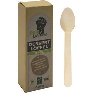 Ökolution Einweg-DESSERTLÖFFEL aus Holz, 25 Stück, mit Carnaubawachs überzogen, FSC-Zertifiziert, nachhaltige Verpackung, ca. 15 cm, Braun