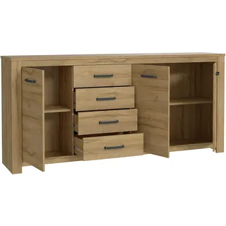 Forte HAVANNA Kommode 200 210, Kommode mit 3 Türen und 4 Schubladen, klassisches Sideboard, Wohnzimmerkommode, Holzwerkstoff, Alteiche Holzdekor, 206 cm breit x 95,7 cm hoch x 42,2 cm tief