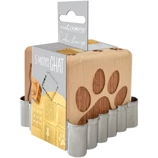 ScrapCooking Backstempel aus Holz mit Katzenmotiven mit 1 Ausstecher, Keks- & Würfel-Deko, mit 5 gravierten Seiten in Reliefform, Dekoration, Weiß, Schwarz