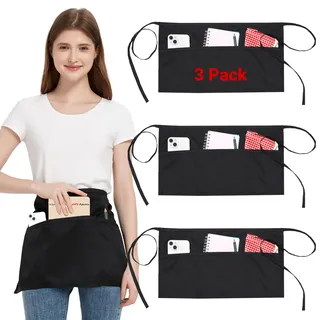 3 Stücke Taillenschürze mit 3 Taschen, Schwarz Halbschürze für Damen Herren | Wasserdicht Kochschürzen mit langen Riemen, Kellnerschürze Kurz für Bistro Restaurant Server Arbeit Küche Kochen Bar Gastro