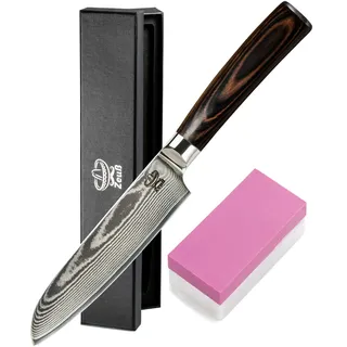 ZEUß Damastmesser Santoku Messer L (24 cm) Profi-Kochmesser aus echtem 67 Lagen Damaststahl I Damast-Küchenmesser mit Schleifstein, Holzgriff, Klingenschutz und Geschenkbox