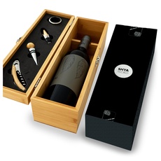 ShyaWorld Weinflaschen-Box aus Holz, Geschenkbox, Wein-Zubehör-Set enthalten, Korkenzieher, Tropfenaufsatz, Dosiererer, Flasche nicht im Lieferumfang enthalten. (Holzbox mit Set)