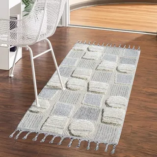 Carpet City Hochflor-Teppich »VALENCIA 950« rechteckig 20 mm Höhe Läufer, Boho-Stil, Hochtief-Muster/ 3D-Effekt, mit Fransen, blau