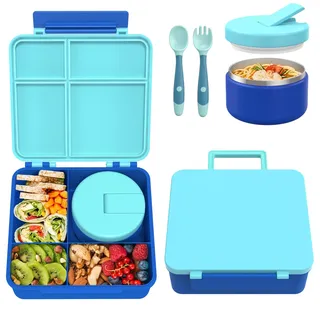 Itslife Lunch Box Kinder Set mit 300ml Thermobehälter für Essen, Auslaufsicher Brotdose Kinder mit 4 Fächern, Isolierte Lunchtasche, BPA-Freie Thermo Lunchbox, Schule, Ausflüge, Blau