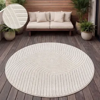 Paco Home Outdoor Teppich Wetterfest Balkon Wohnzimmer Skandinavisches Boho Einfarbig Grösse 120 cm Rund - Creme