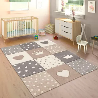 Paco Home Kinderteppich »Cosmo 339« rechteckig 16 mm Höhe Kurzflor, Pastell-Farben, 3D-Effekt, Motiv Herz, Punkte & Krone, beige