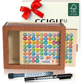CCIGU Spardose Erwachsene [NEU 2026] I mit Deckel verschließbar & verriegelt I 2 Stifte Zahlen Ankreuzen & Rubbeln I Spardose Holz Personalisieren I Geld sparen (Kids-)